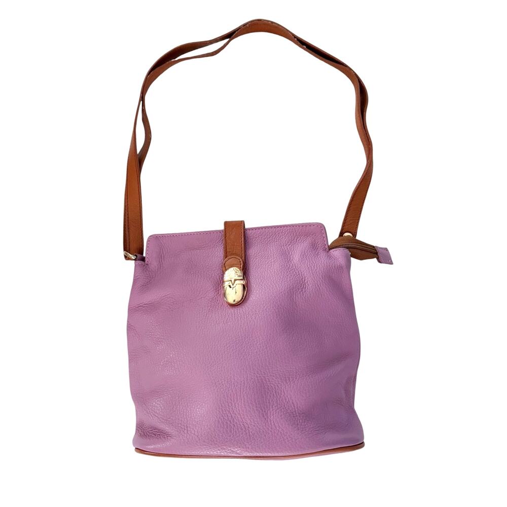 Valentina Lavender Leather Bucket Shoulder Bag Cognac Trim Made in Italy
